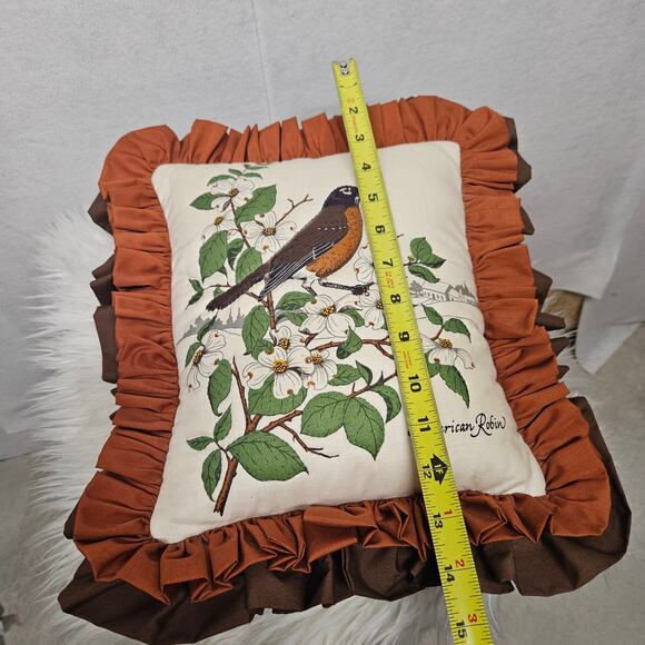 Vintage American Robin Throw Pillow with Brown Ruffle Trim - Picture 5 of 5
